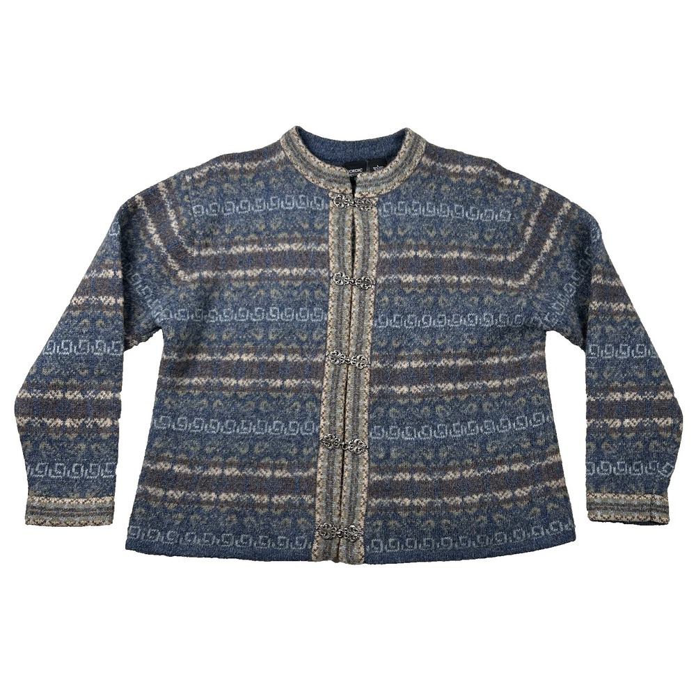 Vintage Nordic Design Sweater Womens L 100% Wool Geometric Hook Loop Clasp Fair